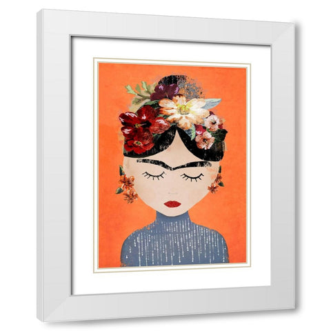 Frida (Orange Version) White Modern Wood Framed Art Print with Double Matting by Treechild