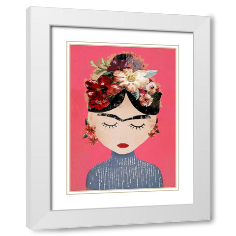 Frida (Pink Version) White Modern Wood Framed Art Print with Double Matting by Treechild