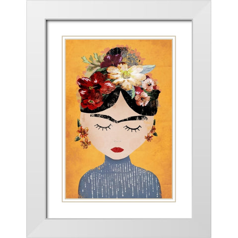 Frida (Yellow Version) White Modern Wood Framed Art Print with Double Matting by Treechild
