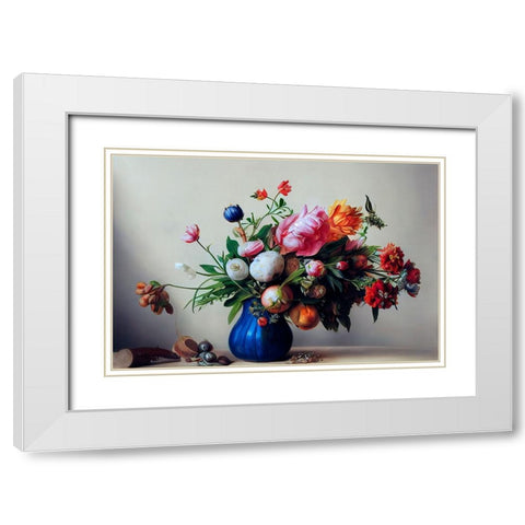 Flower Bouquet With Blue Vase White Modern Wood Framed Art Print with Double Matting by Treechild