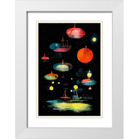 Lanterns White Modern Wood Framed Art Print with Double Matting by Treechild