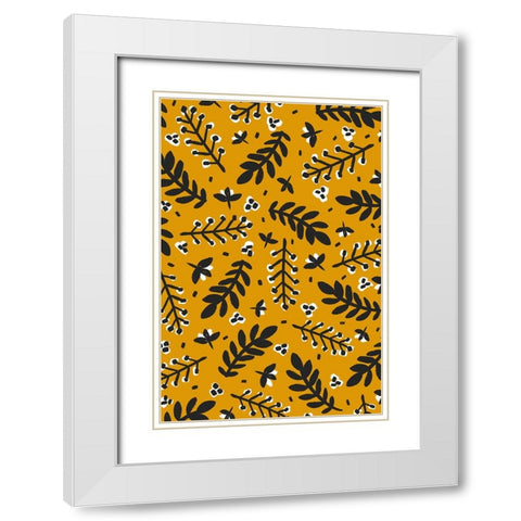 Branches And Berries (Yellow) White Modern Wood Framed Art Print with Double Matting by Treechild