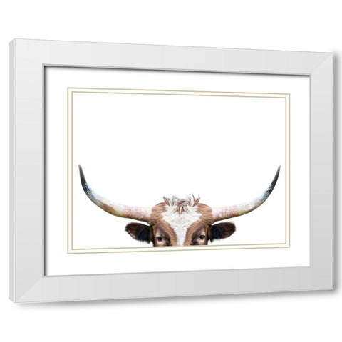 Peeking Longhorn Cow White Modern Wood Framed Art Print with Double Matting by Pienaar, Kathrin