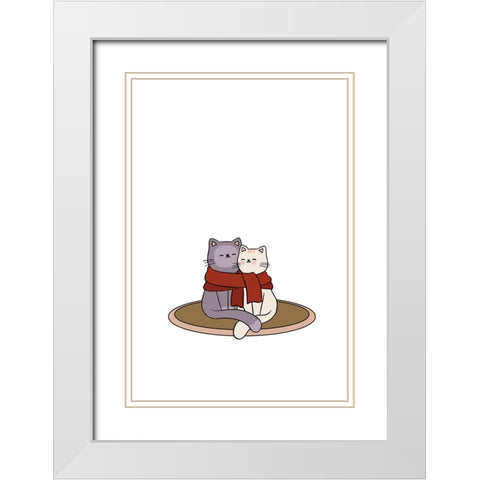 Cute Cat Couple White Modern Wood Framed Art Print with Double Matting by Thai, Xuan