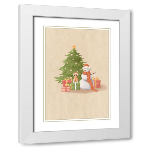 Snowman And Cat White Modern Wood Framed Art Print with Double Matting by Thai, Xuan