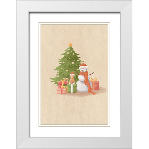 Snowman And Cat White Modern Wood Framed Art Print with Double Matting by Thai, Xuan