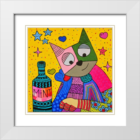 Cat and bottle of mint White Modern Wood Framed Art Print with Double Matting by Khamitova, Gulnara