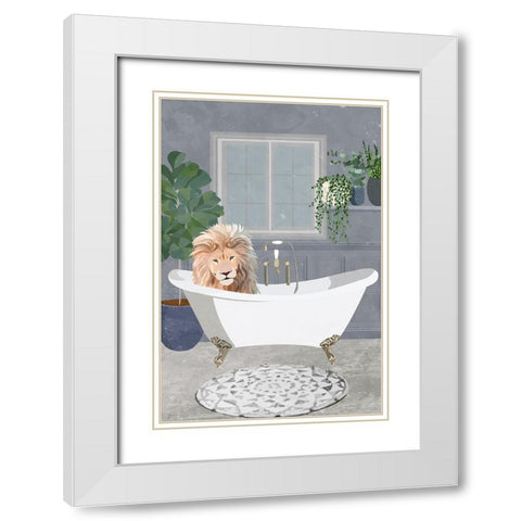 Lion takes a bath White Modern Wood Framed Art Print with Double Matting by Manovski, Sarah
