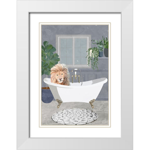 Lion takes a bath White Modern Wood Framed Art Print with Double Matting by Manovski, Sarah