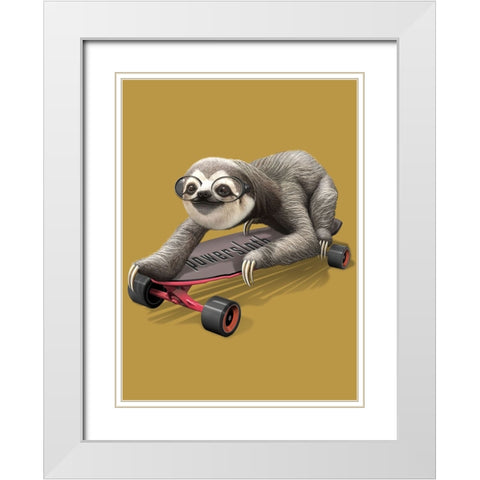 Sloth on Skateboard White Modern Wood Framed Art Print with Double Matting by Lawless, Adam