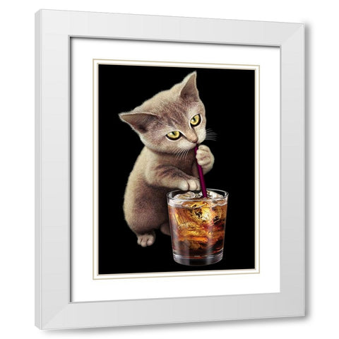 Cat and Soft Drink White Modern Wood Framed Art Print with Double Matting by Lawless, Adam
