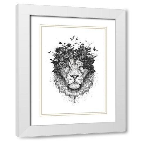 Floral lion (bw) White Modern Wood Framed Art Print with Double Matting by Solti, Balazs