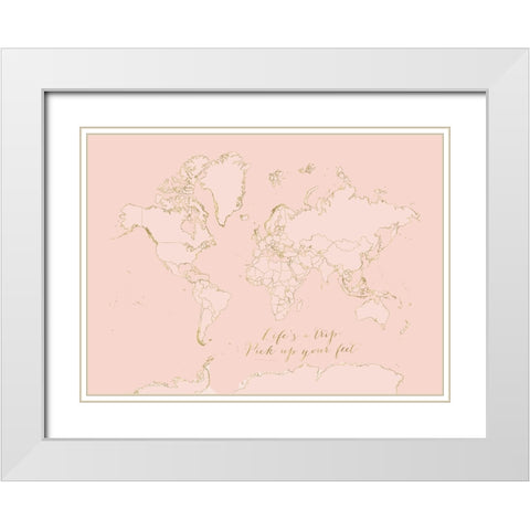 Inspirational pink and gold world map White Modern Wood Framed Art Print with Double Matting by Laiz Blursbyai, Rosana