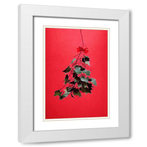 Mistletoe With Red Bow White Modern Wood Framed Art Print with Double Matting by Treechild