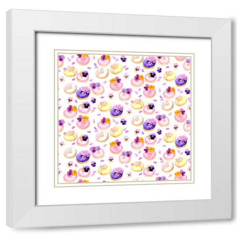 Floral watercolor donuts pattern White Modern Wood Framed Art Print with Double Matting by Laiz Blursbyai, Rosana