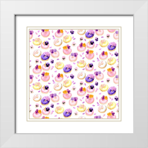 Floral watercolor donuts pattern White Modern Wood Framed Art Print with Double Matting by Laiz Blursbyai, Rosana
