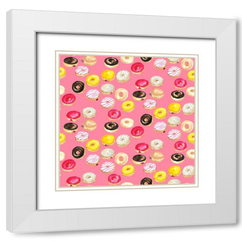 Watercolor donuts pattern in hot pink White Modern Wood Framed Art Print with Double Matting by Laiz Blursbyai, Rosana