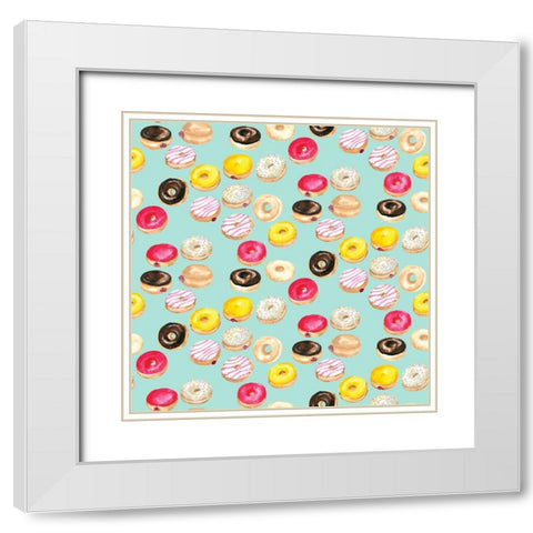 Watercolor donuts pattern in aqua White Modern Wood Framed Art Print with Double Matting by Laiz Blursbyai, Rosana