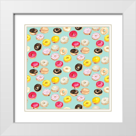 Watercolor donuts pattern in aqua White Modern Wood Framed Art Print with Double Matting by Laiz Blursbyai, Rosana