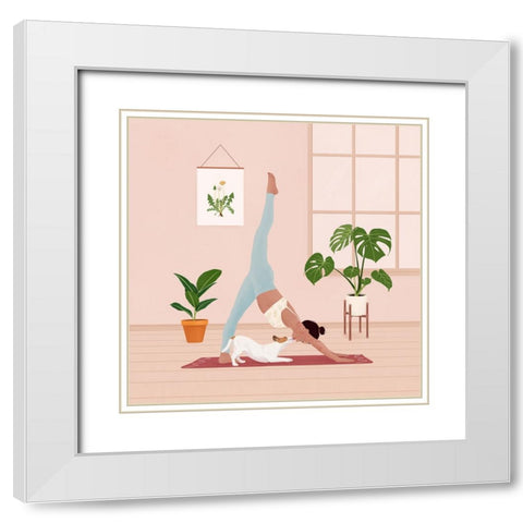 Downward Dog White Modern Wood Framed Art Print with Double Matting by Holikova, Petra