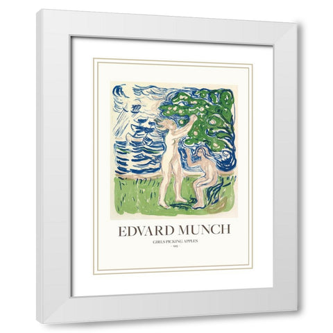 Girls Picking Apples White Modern Wood Framed Art Print with Double Matting by Pictufy