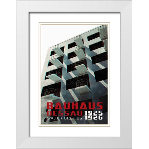 Bauhaus Dessau architecture in vintage magazine style VII White Modern Wood Framed Art Print with Double Matting by Laiz Blursbyai, Rosana
