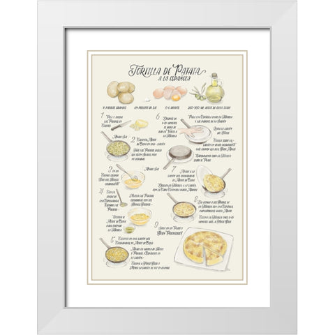 Illustrated recipe of tortilla de patata in Spanish White Modern Wood Framed Art Print with Double Matting by Laiz Blursbyai, Rosana