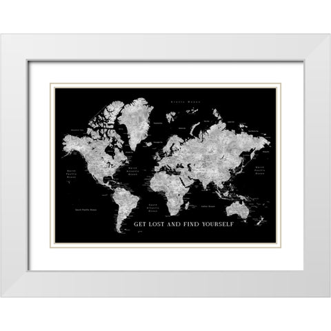 Baibah world map with cities - get lost White Modern Wood Framed Art Print with Double Matting by Laiz Blursbyai, Rosana