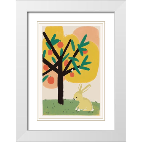 Bunny Under Apple Tree White Modern Wood Framed Art Print with Double Matting by Treechild