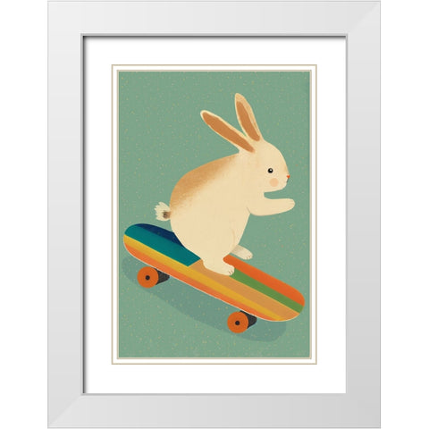 Bunny On Skateboard White Modern Wood Framed Art Print with Double Matting by Treechild