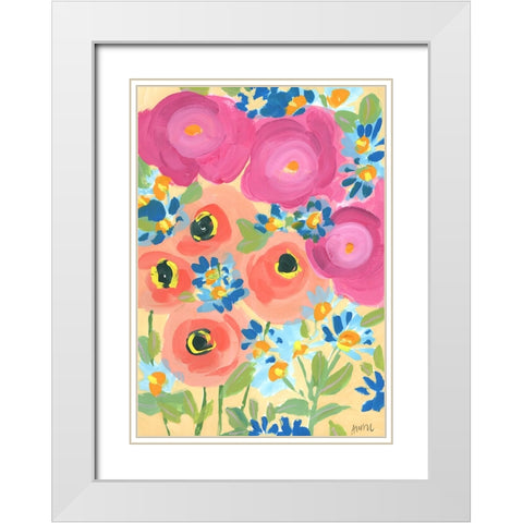 Pink Roses And Coral Anemones White Modern Wood Framed Art Print with Double Matting by Zwara, Ania