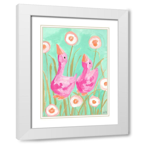 Pink Gees In The Garden White Modern Wood Framed Art Print with Double Matting by Zwara, Ania