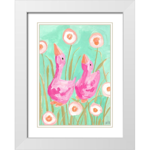 Pink Gees In The Garden White Modern Wood Framed Art Print with Double Matting by Zwara, Ania