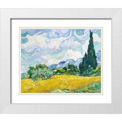 Wheat Field With Cypresses White Modern Wood Framed Art Print with Double Matting by Pictufy