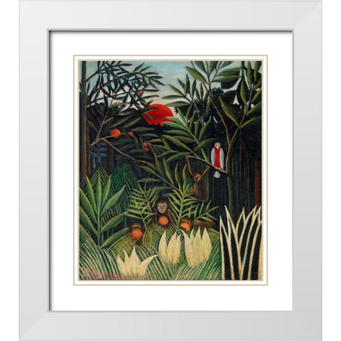 Monkeys And Parrot In The Virgin Forest White Modern Wood Framed Art Print with Double Matting by Pictufy