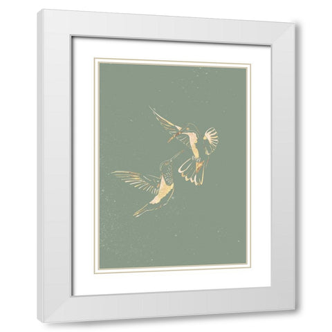 Sage Green Gold Hummingbirds White Modern Wood Framed Art Print with Double Matting by Manovski, Sarah