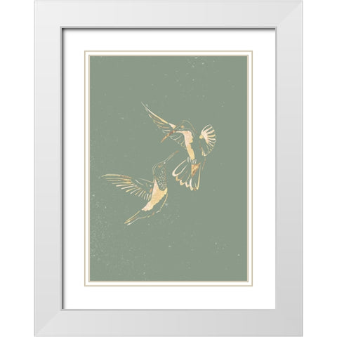 Sage Green Gold Hummingbirds White Modern Wood Framed Art Print with Double Matting by Manovski, Sarah
