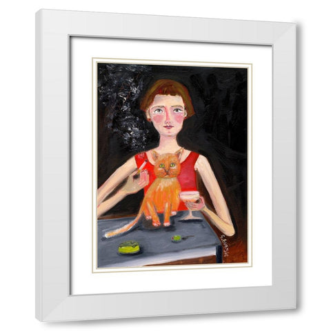 Vintage woman with cocktail and cat White Modern Wood Framed Art Print with Double Matting by Bursic, Sharyn