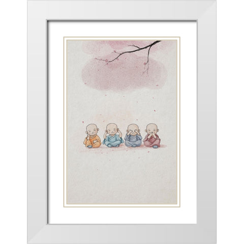 Cute Monks White Modern Wood Framed Art Print with Double Matting by Thai, Xuan