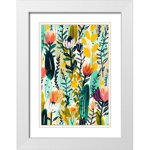 Rain Of Flowers White Modern Wood Framed Art Print with Double Matting by Treechild
