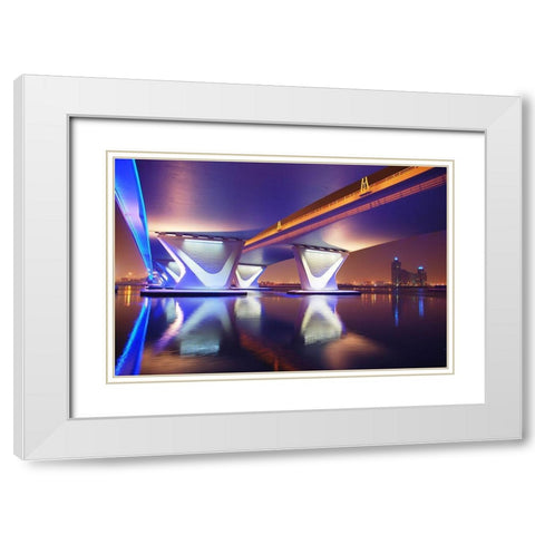 Al Garhoud Bridge-Night White Modern Wood Framed Art Print with Double Matting by Work, Robert