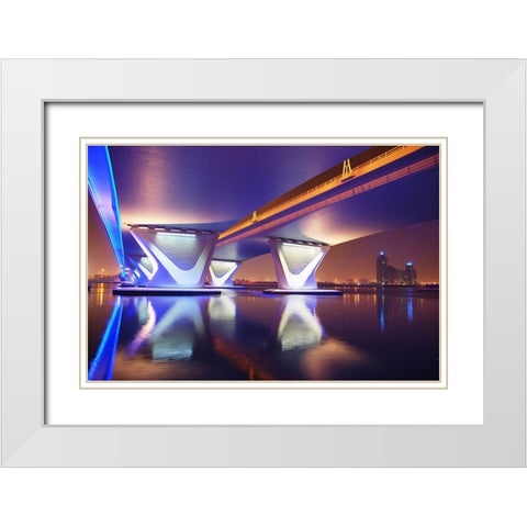 Al Garhoud Bridge-Night White Modern Wood Framed Art Print with Double Matting by Work, Robert