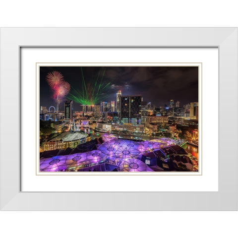 Singapore Clark Quay Night View White Modern Wood Framed Art Print with Double Matting by Xie, Zexsen