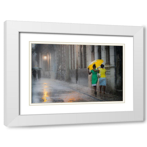 Yellow Umbrella (Rainy Day In Havana) White Modern Wood Framed Art Print with Double Matting by Willyams, Paul