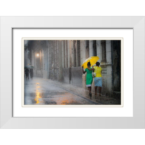 Yellow Umbrella (Rainy Day In Havana) White Modern Wood Framed Art Print with Double Matting by Willyams, Paul