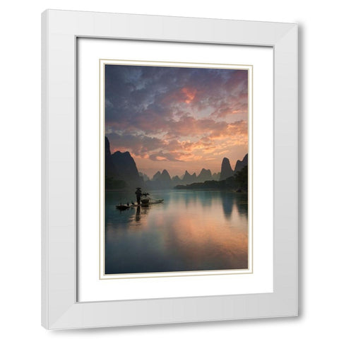 Li River Sunrise White Modern Wood Framed Art Print with Double Matting by Zhang, Yan