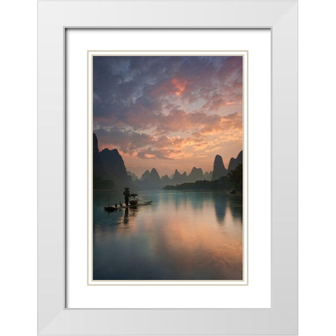 Li River Sunrise White Modern Wood Framed Art Print with Double Matting by Zhang, Yan