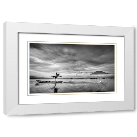 Man Behind The Nets White Modern Wood Framed Art Print with Double Matting by Siswandhono, Arief
