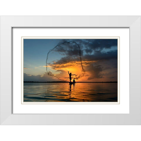 Nets In Sunset White Modern Wood Framed Art Print with Double Matting by Whanset, Saravut