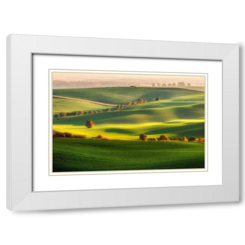 Green Fields White Modern Wood Framed Art Print with Double Matting by Krol, Piotr